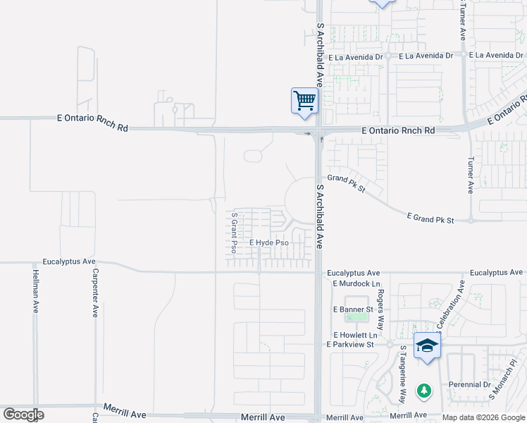 map of restaurants, bars, coffee shops, grocery stores, and more near 4423 South Bryant Paseo in Ontario