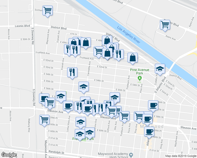 map of restaurants, bars, coffee shops, grocery stores, and more near 3921 East 54th Street in Maywood