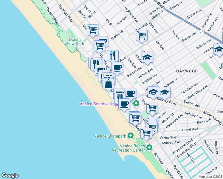 map of restaurants, bars, coffee shops, grocery stores, and more near 17 East Sunset Avenue in Los Angeles