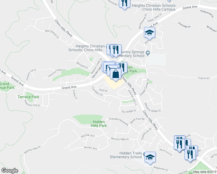map of restaurants, bars, coffee shops, grocery stores, and more near Hillcrest Drive in Chino Hills