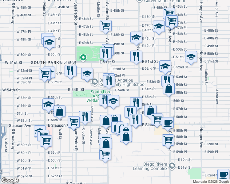 map of restaurants, bars, coffee shops, grocery stores, and more near 626 East 54th Street in Los Angeles