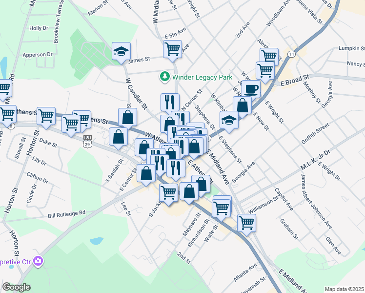 map of restaurants, bars, coffee shops, grocery stores, and more near 18 West Candler Street in Winder