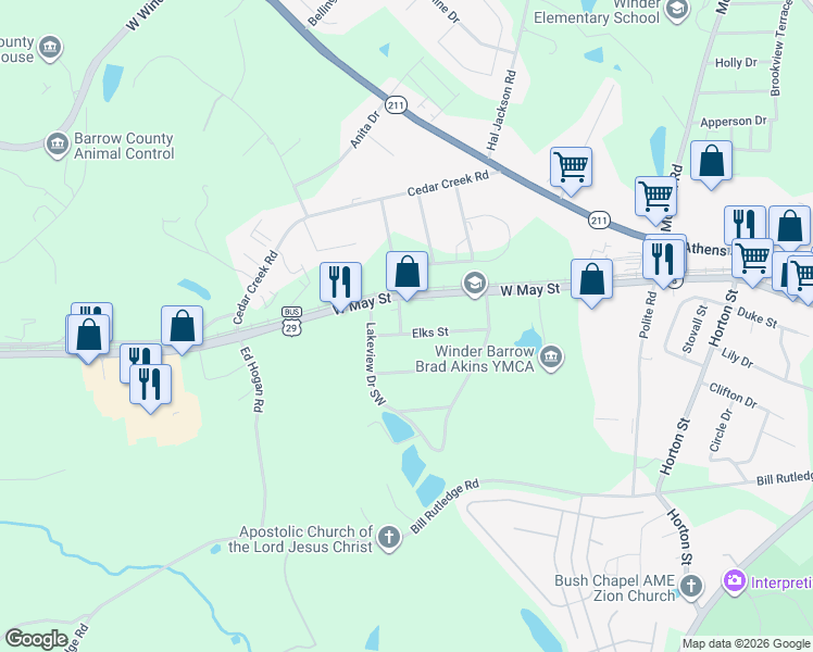 map of restaurants, bars, coffee shops, grocery stores, and more near 269 Elks Street in Winder
