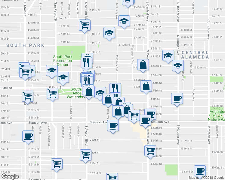 map of restaurants, bars, coffee shops, grocery stores, and more near 762 East 54th Street in Los Angeles