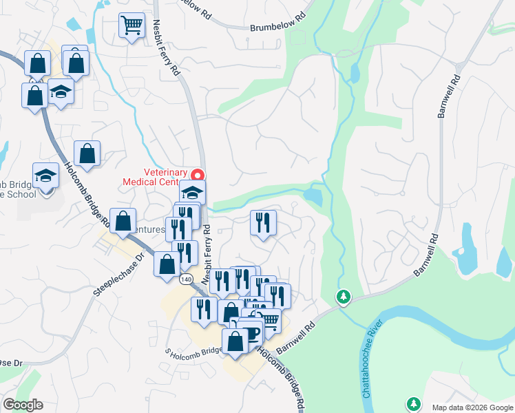 map of restaurants, bars, coffee shops, grocery stores, and more near 8802 Fairview Bluff in Johns Creek