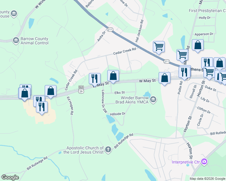map of restaurants, bars, coffee shops, grocery stores, and more near 269 Elks Street in Winder