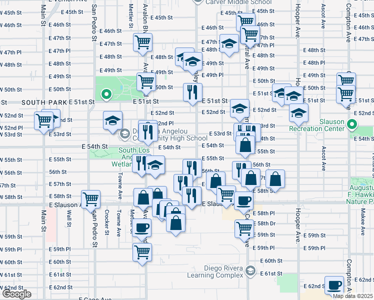 map of restaurants, bars, coffee shops, grocery stores, and more near 762 East 54th Street in Los Angeles