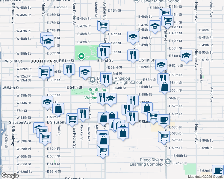map of restaurants, bars, coffee shops, grocery stores, and more near 626 East 54th Street in Los Angeles