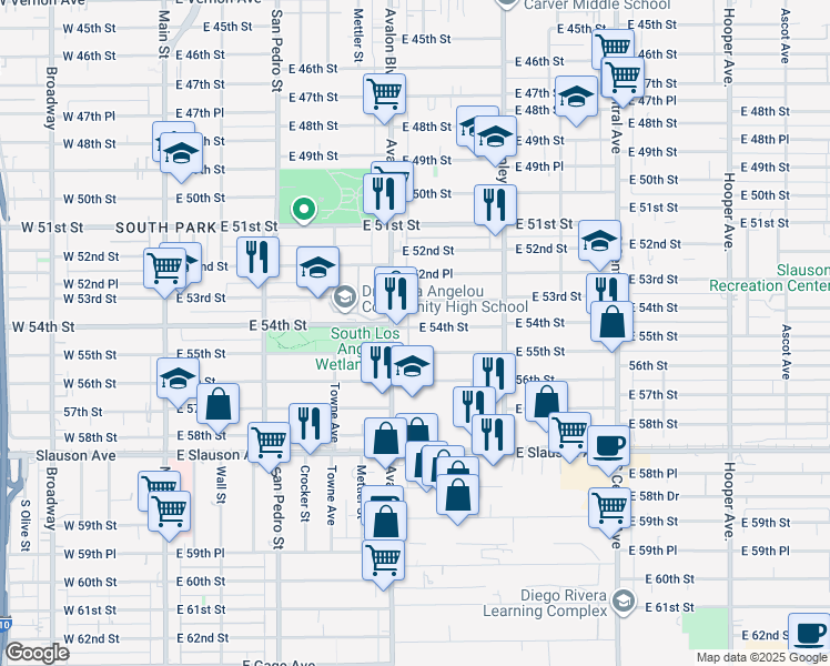 map of restaurants, bars, coffee shops, grocery stores, and more near 626 East 54th Street in Los Angeles