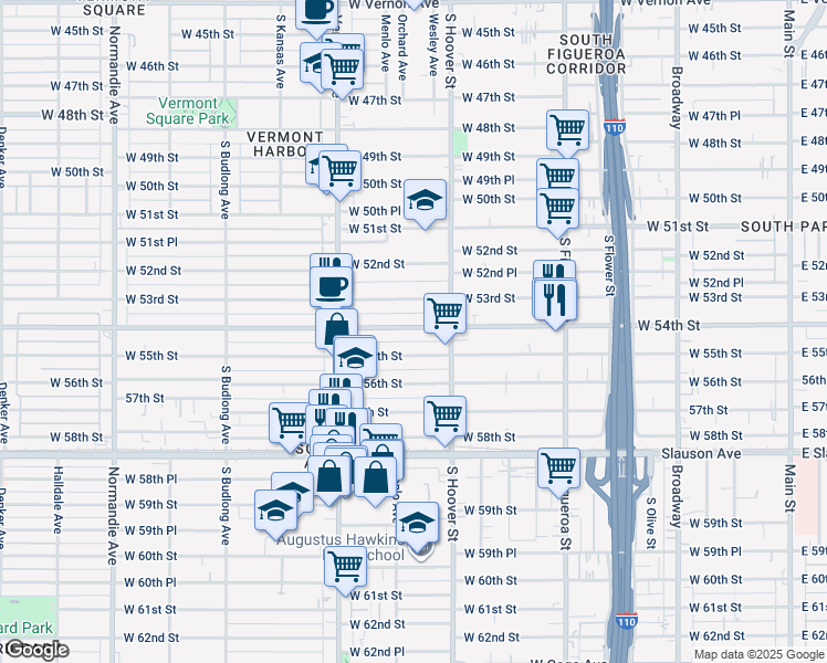 map of restaurants, bars, coffee shops, grocery stores, and more near 840 West 54th Street in Los Angeles