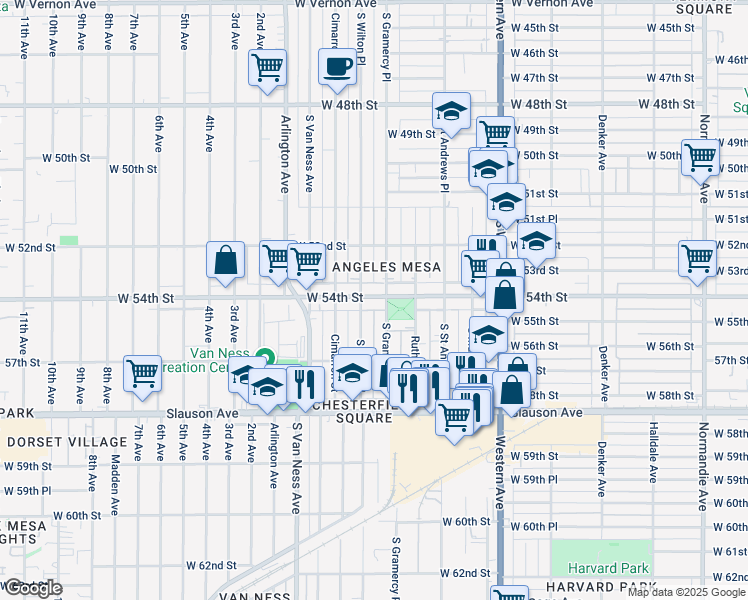 map of restaurants, bars, coffee shops, grocery stores, and more near 2000 West 54th Street in Los Angeles