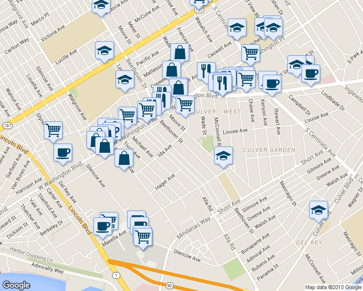 map of restaurants, bars, coffee shops, grocery stores, and more near 4136 Beethoven Street in Los Angeles