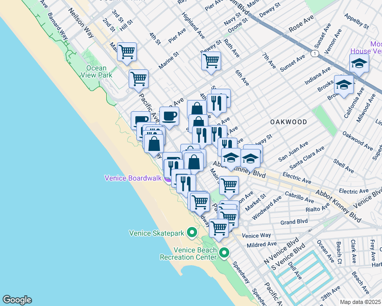 map of restaurants, bars, coffee shops, grocery stores, and more near 108 Thornton Place in Los Angeles