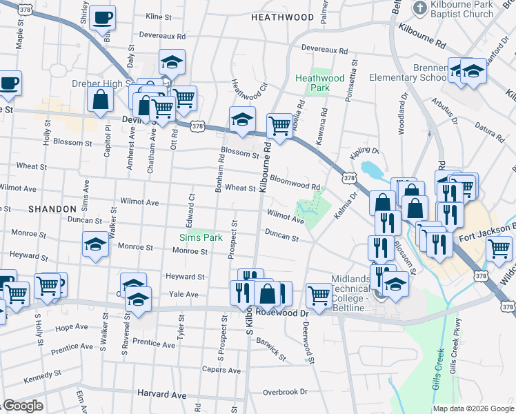 map of restaurants, bars, coffee shops, grocery stores, and more near 3729 S-40-157 in Columbia