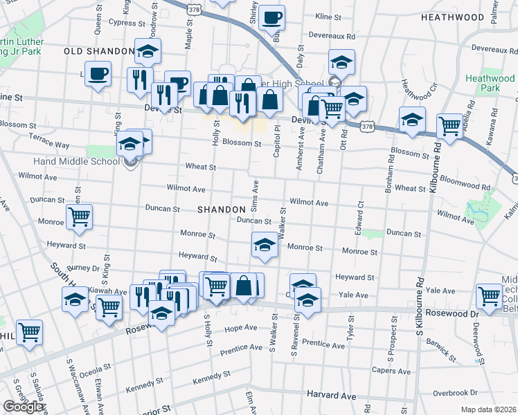 map of restaurants, bars, coffee shops, grocery stores, and more near 326 Sims Avenue in Columbia