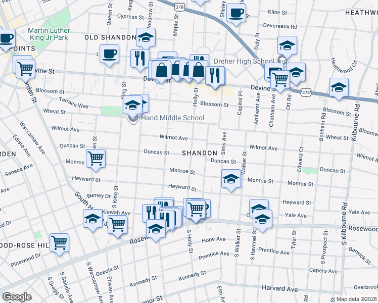 map of restaurants, bars, coffee shops, grocery stores, and more near 300 Holly Street in Columbia
