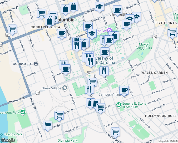 map of restaurants, bars, coffee shops, grocery stores, and more near 541 Main Street in Columbia