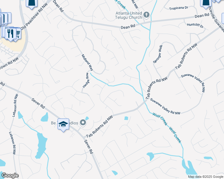 map of restaurants, bars, coffee shops, grocery stores, and more near 1033 Hawk Creek Trail in Lawrenceville