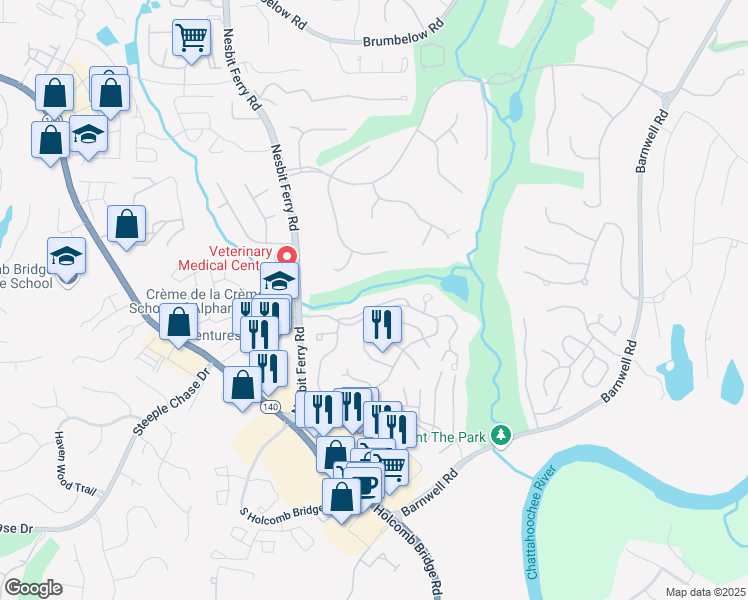 map of restaurants, bars, coffee shops, grocery stores, and more near 8802 Fairview Bluff in Johns Creek