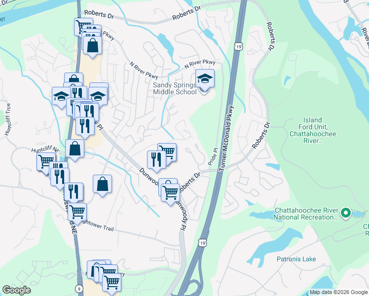 map of restaurants, bars, coffee shops, grocery stores, and more near 704 Masons Creek Circle in Atlanta