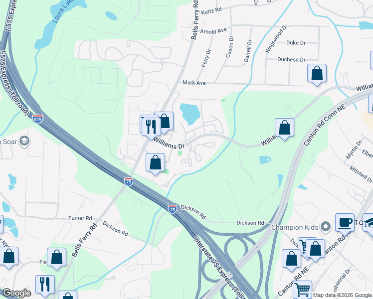 map of restaurants, bars, coffee shops, grocery stores, and more near 500 Williams Drive in Marietta