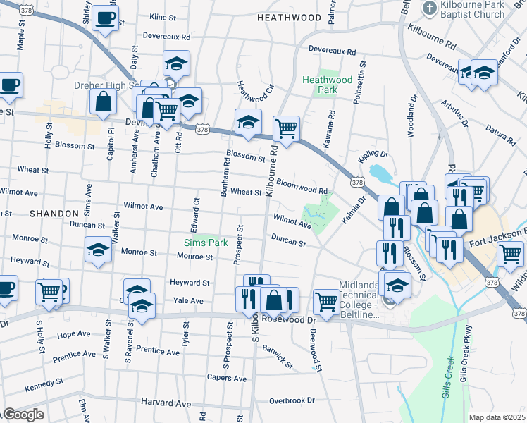 map of restaurants, bars, coffee shops, grocery stores, and more near 3729 S-40-157 in Columbia