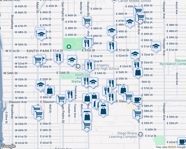 map of restaurants, bars, coffee shops, grocery stores, and more near 626 East 54th Street in Los Angeles