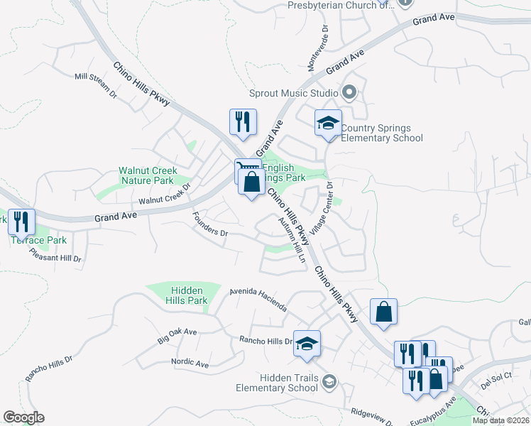 map of restaurants, bars, coffee shops, grocery stores, and more near 14326 Village View Lane in Chino Hills