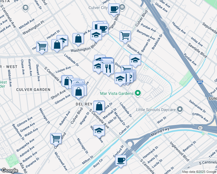 map of restaurants, bars, coffee shops, grocery stores, and more near 12120 Wagner Street in Culver City