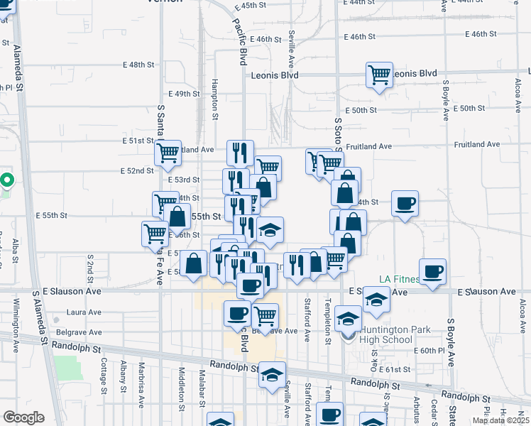 map of restaurants, bars, coffee shops, grocery stores, and more near 2631 East 55th Street in Huntington Park