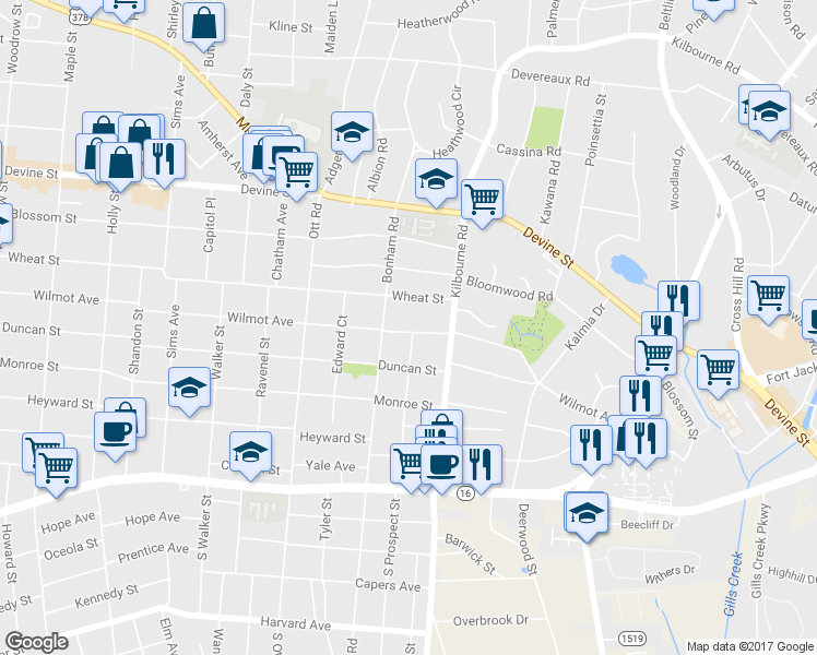 map of restaurants, bars, coffee shops, grocery stores, and more near 3621 S-40-157 in Columbia