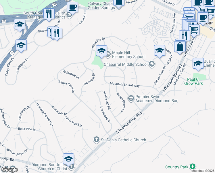 map of restaurants, bars, coffee shops, grocery stores, and more near 1615 Fox Glen Drive in Diamond Bar