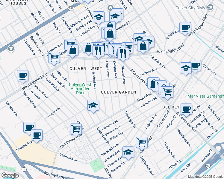 map of restaurants, bars, coffee shops, grocery stores, and more near 4246 Chase Avenue in Los Angeles