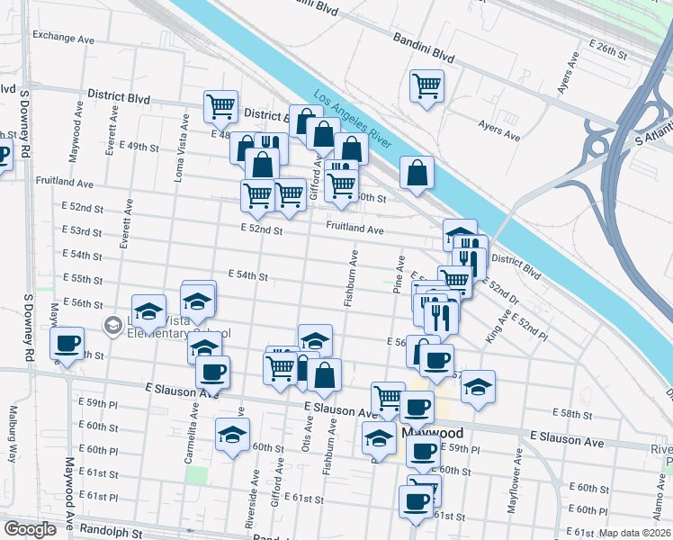 map of restaurants, bars, coffee shops, grocery stores, and more near 4204 East 53rd Street in Maywood
