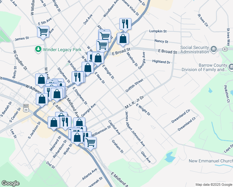 map of restaurants, bars, coffee shops, grocery stores, and more near 66 E New St in Winder