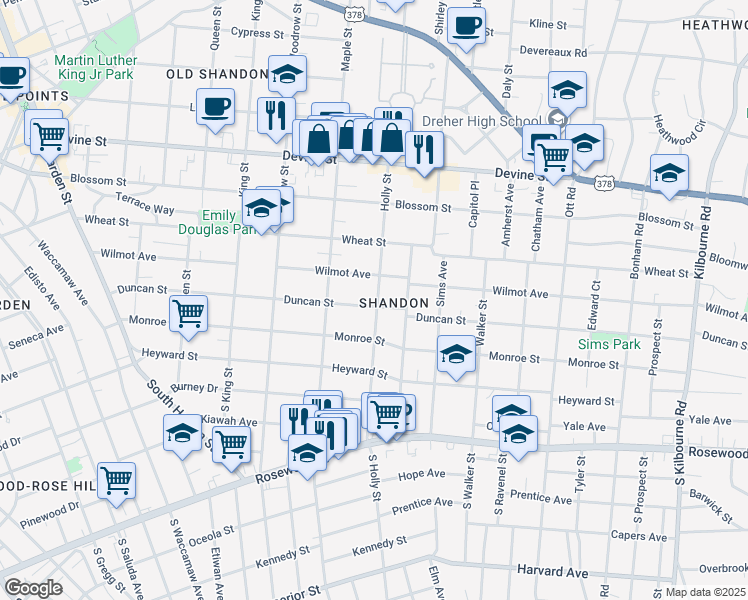 map of restaurants, bars, coffee shops, grocery stores, and more near 300 Holly Street in Columbia