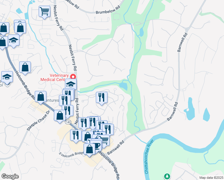 map of restaurants, bars, coffee shops, grocery stores, and more near 320 Colony Cove in Johns Creek