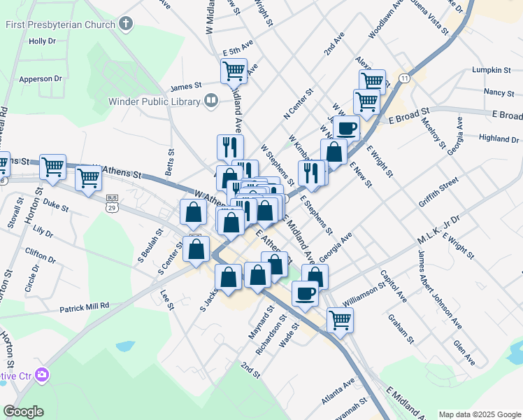 map of restaurants, bars, coffee shops, grocery stores, and more near in Winder
