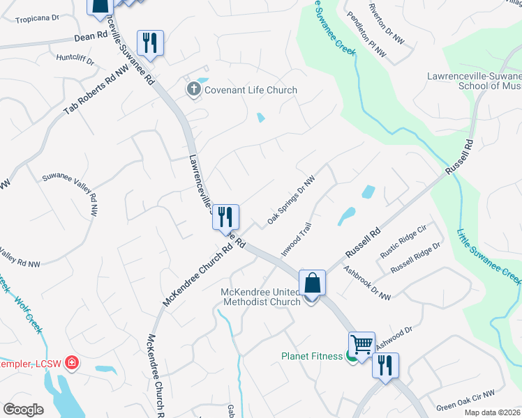 map of restaurants, bars, coffee shops, grocery stores, and more near 1706 Oak Woods Court in Lawrenceville
