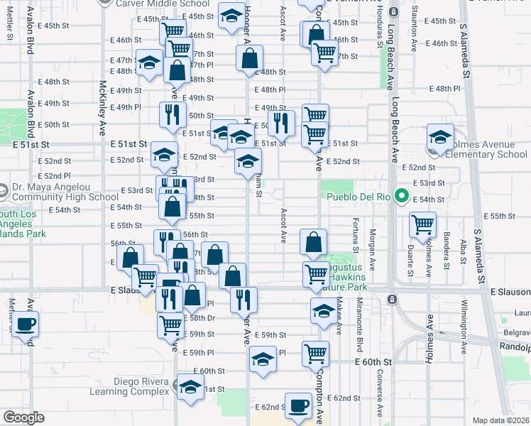 map of restaurants, bars, coffee shops, grocery stores, and more near 1343 East 55th Street in Los Angeles