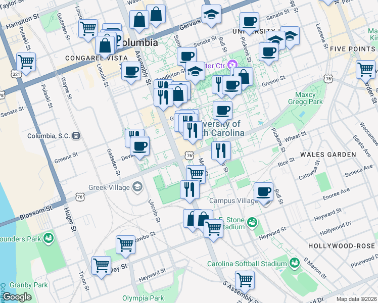 map of restaurants, bars, coffee shops, grocery stores, and more near 541 Main Street in Columbia