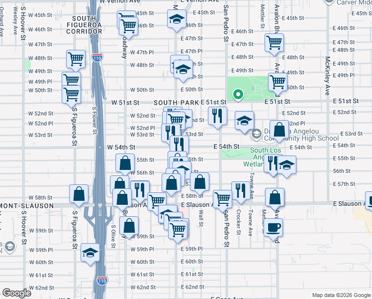 map of restaurants, bars, coffee shops, grocery stores, and more near 124 East 54th Street in Los Angeles