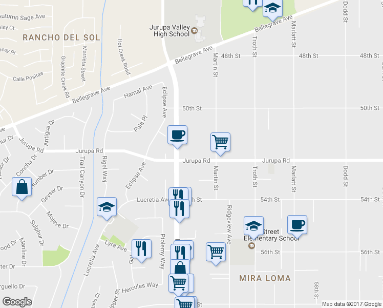 map of restaurants, bars, coffee shops, grocery stores, and more near 10929 Jurupa Road in Jurupa Valley