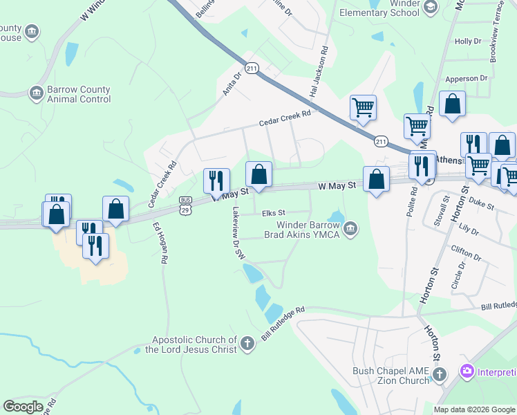 map of restaurants, bars, coffee shops, grocery stores, and more near 269 Elks Street in Winder