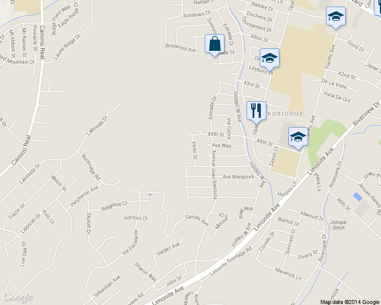 map of restaurants, bars, coffee shops, grocery stores, and more near 4573 Pinto Street in Riverside