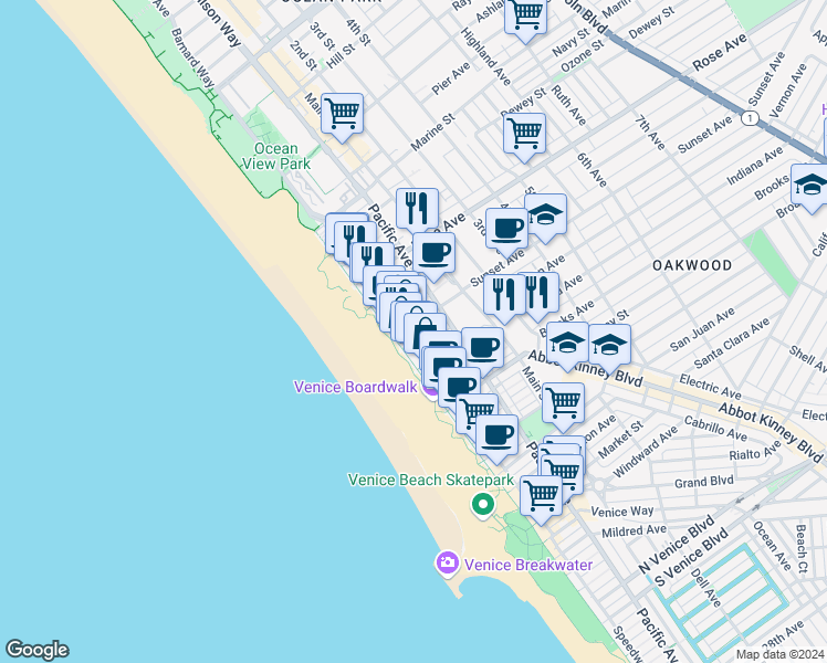 map of restaurants, bars, coffee shops, grocery stores, and more near East Sunset Avenue in Los Angeles County