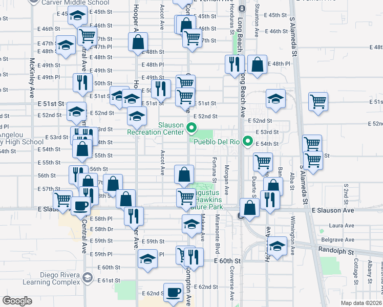 map of restaurants, bars, coffee shops, grocery stores, and more near 5426 Compton Avenue in Los Angeles