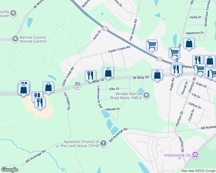 map of restaurants, bars, coffee shops, grocery stores, and more near 269 Elks Street in Winder