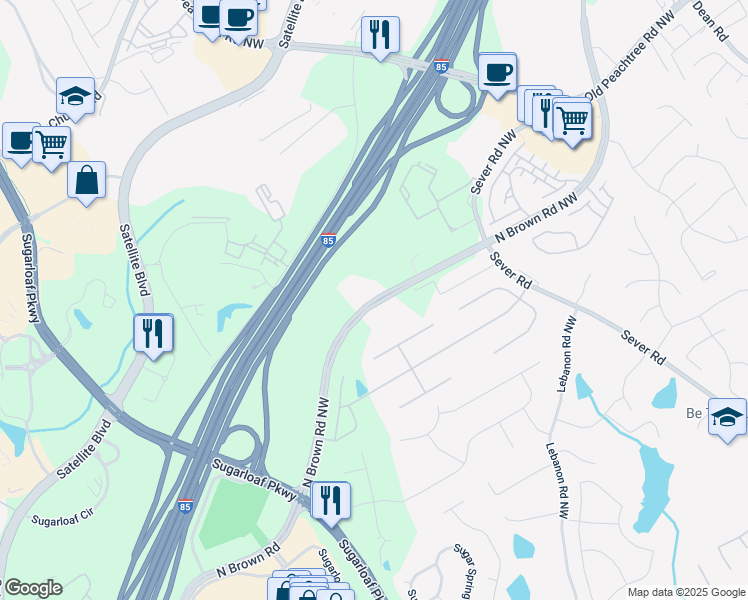 map of restaurants, bars, coffee shops, grocery stores, and more near 1745 North Brown Road in Lawrenceville