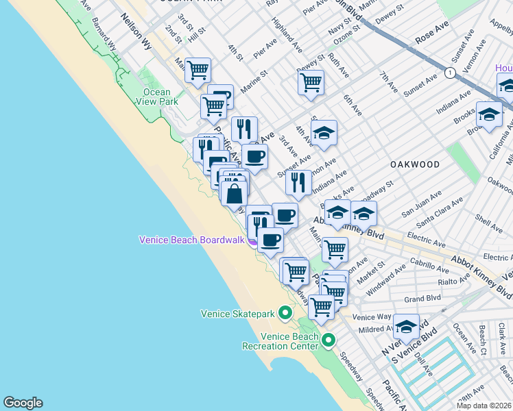 map of restaurants, bars, coffee shops, grocery stores, and more near 38 Sunset Avenue in Los Angeles